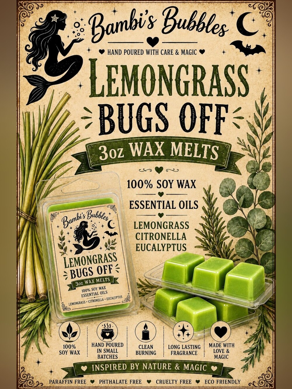 New! Bambisbubbles Lemongrass Bugs Off 3oz Wax Melts- Keep Away The Pests